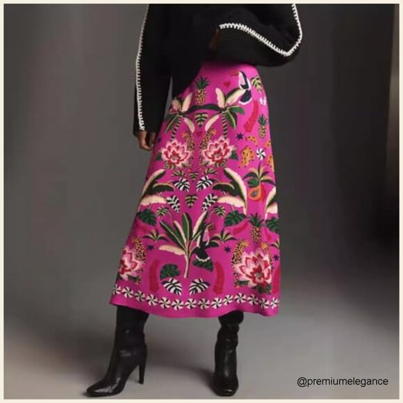 Midi Skirt High Waist Zipper A-Line Floral Print Polyester Spandex - Picture 4 of 7